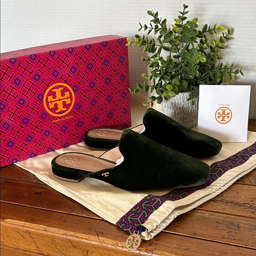 Tory Burch Carlotta Slide Velvet Dark Green Mules